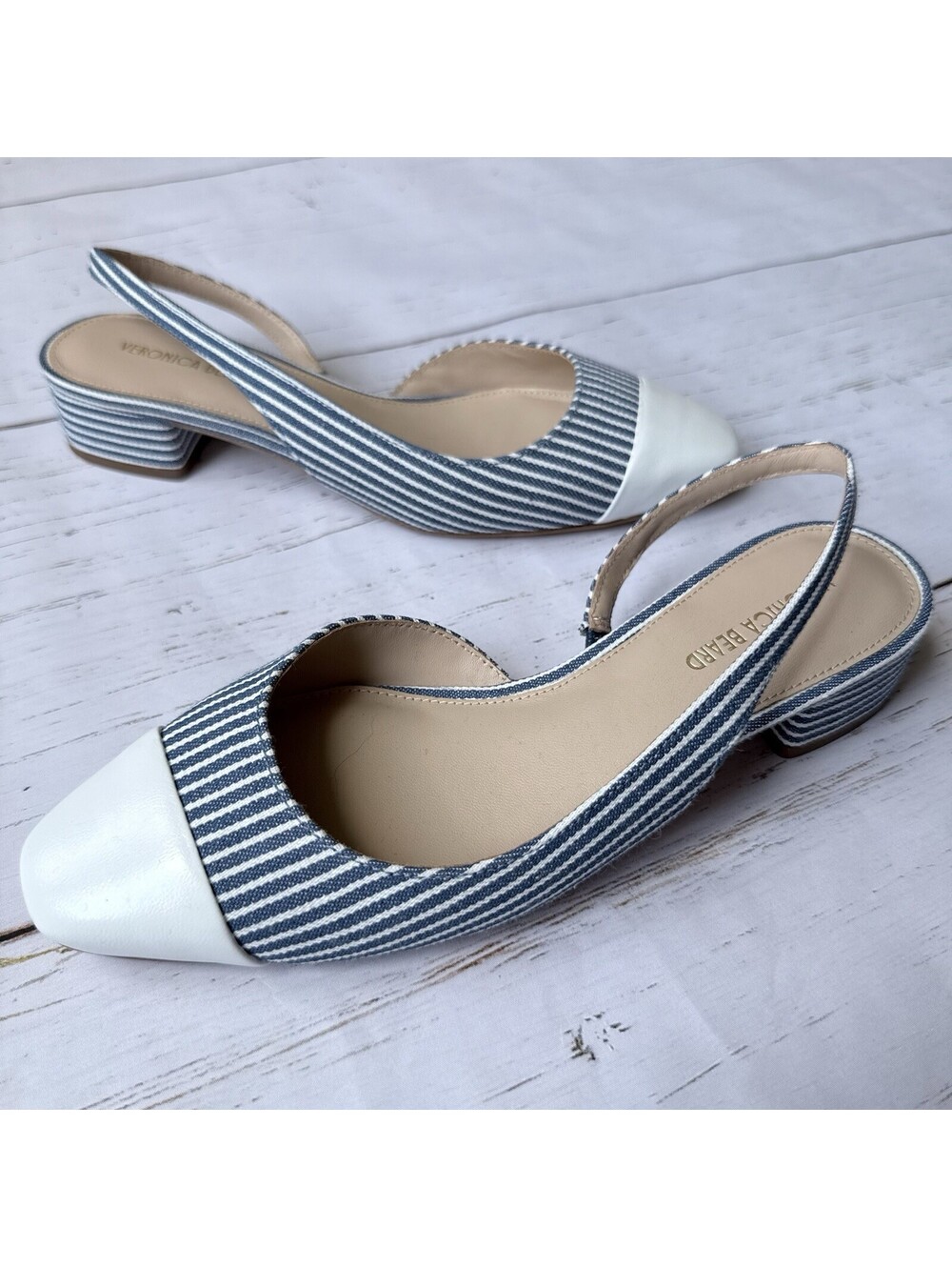 Veronica Beard Cecile Leather Canvas Womens Sz 5 Blue Stripe Slingback Heels NEW